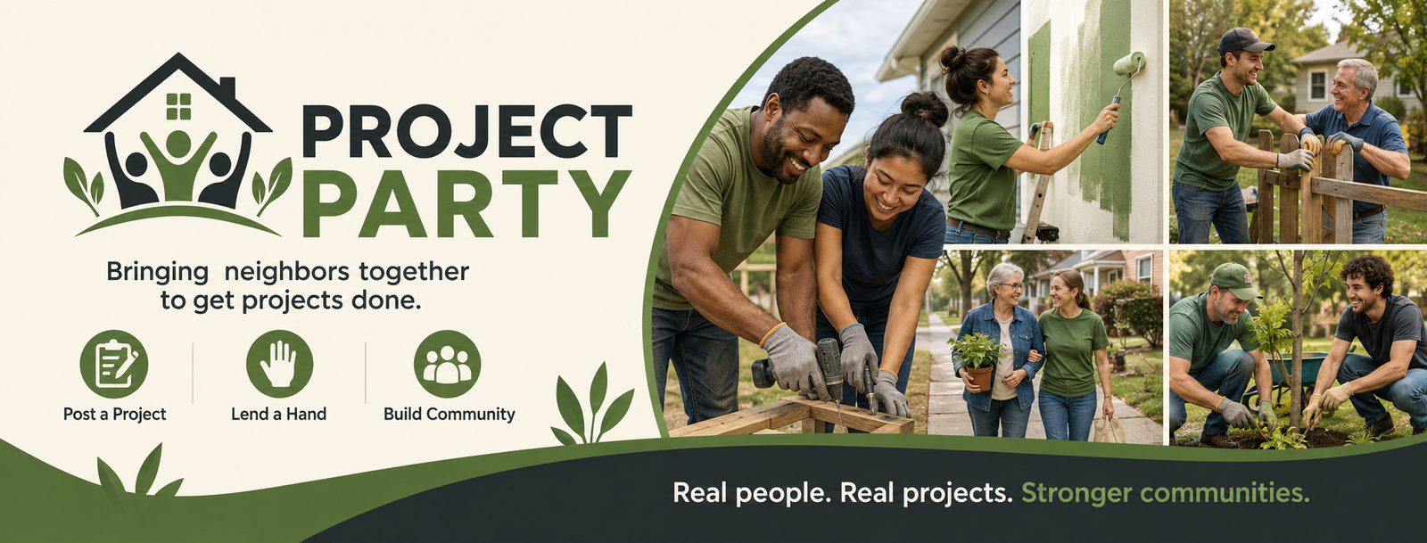 Project Party — bringing neighbors together to get projects done, illustrated with neighbors painting, building, gardening, and helping one another.